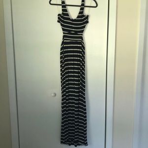 Navy striped open back maxi dress